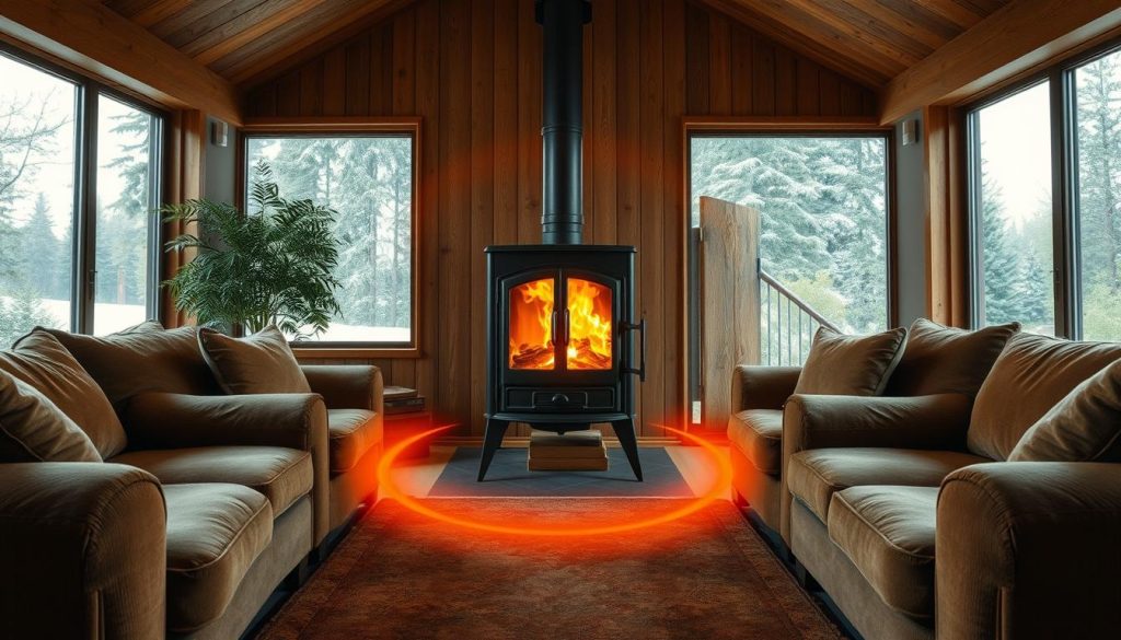 A cozy living room interior with a beautifully crafted wood-burning stove positioned in the optimal location. The stove is centered in the room, surrounded by plush, earthy-toned furniture and large windows that flood the space with natural light. Warm, golden lighting from the stove casts a soft glow, creating a welcoming and inviting atmosphere. The stove is strategically placed to efficiently distribute heat throughout the room, ensuring optimal heat distribution. The scene conveys a sense of comfort, relaxation, and efficient heat management. A cozy living room interior with a beautifully crafted wood-burning stove positioned in the optimal location. The stove is centered in the room, surrounded by plush, earthy-toned furniture and large windows that flood the space with natural light. Warm, golden lighting from the stove casts a soft glow, creating a welcoming and inviting atmosphere. The stove is strategically placed to efficiently distribute heat throughout the room, ensuring optimal heat distribution. The scene conveys a sense of comfort, relaxation, and efficient heat management.