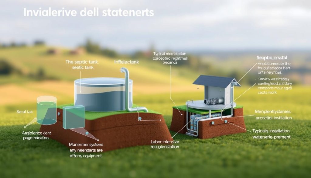 A detailed 3D illustration of the key cost factors associated with individual wastewater treatment systems. In the foreground, a clear diagram showcases the primary components and their relative costs, including the septic tank, infiltration system, and any necessary additional equipment. The middle ground features a realistic cross-section of a typical micro-station installation, highlighting the various installation requirements and labor-intensive steps. The background depicts a serene rural landscape, emphasizing the context in which these systems are often deployed. The overall scene is illuminated by soft, diffused lighting, creating a technical yet approachable atmosphere. The image aims to provide a comprehensive visual reference for the variables that influence the pricing of individual wastewater treatment solutions.