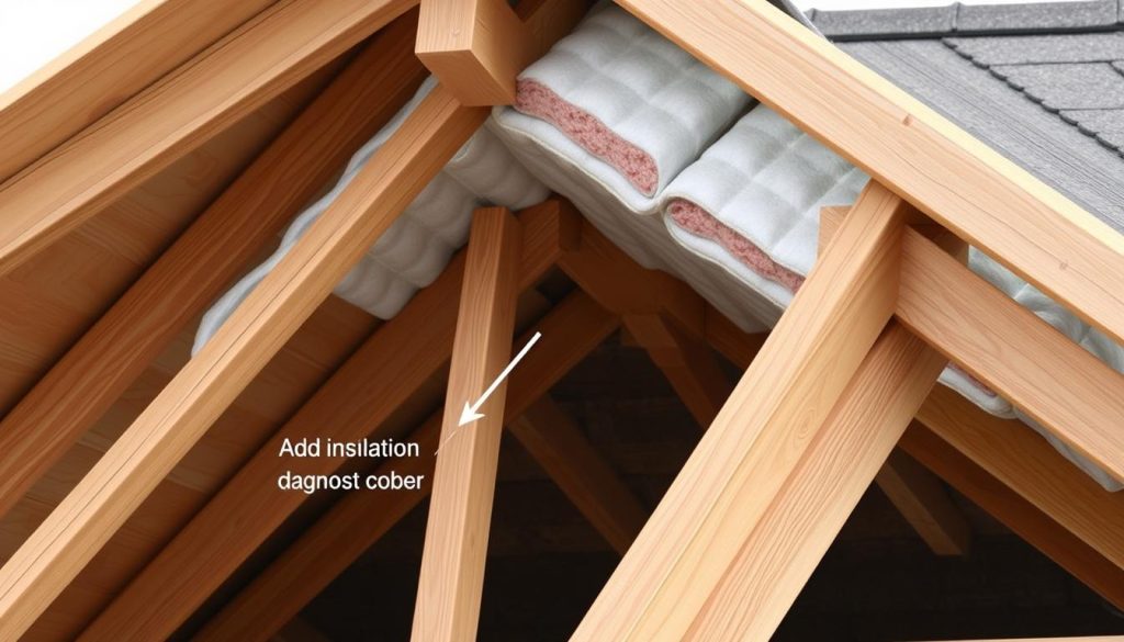A detailed, cross-sectional illustration of a roof's structural frame, or "charpente," showcasing the process of adding insulation between the rafters. The foreground depicts the wooden beams and trusses, with insulation material precisely fitted in the spaces. The middle ground highlights the technique of securing the insulation, possibly using specialized fasteners or adhesives. The background reveals the roofing material, providing context for the overall construction. The lighting is soft and natural, emphasizing the textural details of the wood and insulation. The angle is slightly elevated, allowing for a comprehensive view of the diagnostic setup, conveying a sense of technical precision and thoughtful preparation for the insulation process.