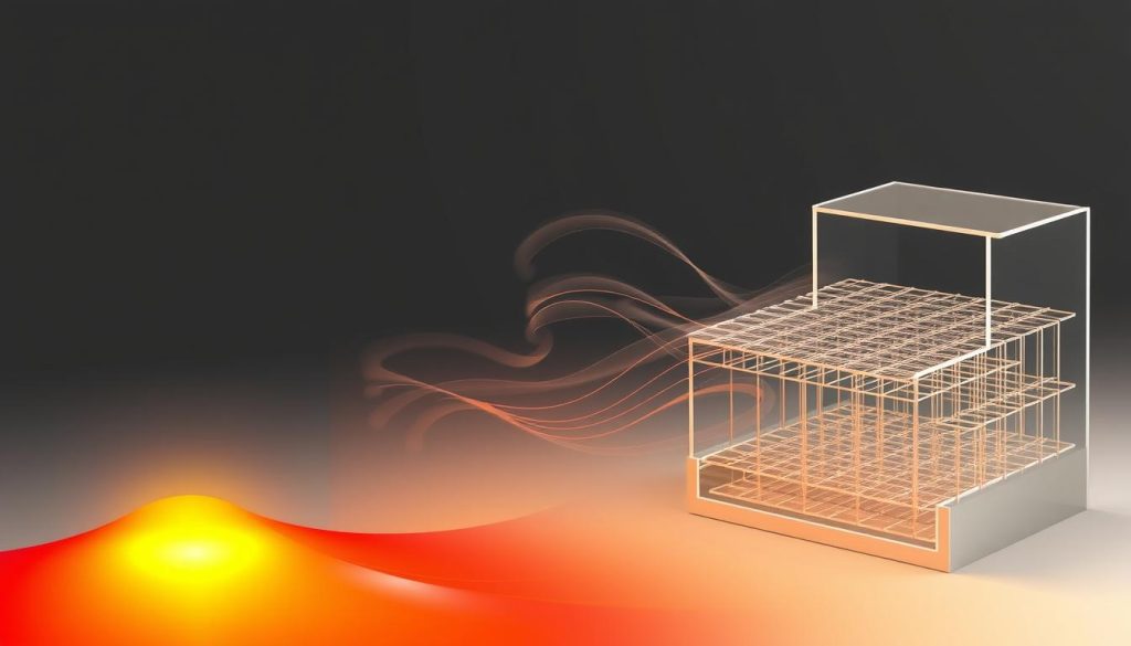 A detailed illustration showcasing the three fundamental mechanisms of heat transfer: diffusion, convection, and conduction. In the foreground, a gradient of colors depicts the heat diffusing outwards from a central source. In the middle ground, convection currents swirl and circulate the heat, represented by wispy, flowing lines. In the background, a cutaway view reveals the conduction of heat through solid materials, visualized by a grid of interconnected paths. The scene is rendered in a technical, schematic style with a neutral color palette, emphasizing the scientific and educational nature of the subject matter. Subtle shadows and highlights accentuate the three-dimensional forms, creating depth and clarity. The overall composition conveys a sense of balance, interconnectedness, and the fundamental principles of heat transfer. A detailed illustration showcasing the three fundamental mechanisms of heat transfer: diffusion, convection, and conduction. In the foreground, a gradient of colors depicts the heat diffusing outwards from a central source. In the middle ground, convection currents swirl and circulate the heat, represented by wispy, flowing lines. In the background, a cutaway view reveals the conduction of heat through solid materials, visualized by a grid of interconnected paths. The scene is rendered in a technical, schematic style with a neutral color palette, emphasizing the scientific and educational nature of the subject matter. Subtle shadows and highlights accentuate the three-dimensional forms, creating depth and clarity. The overall composition conveys a sense of balance, interconnectedness, and the fundamental principles of heat transfer.