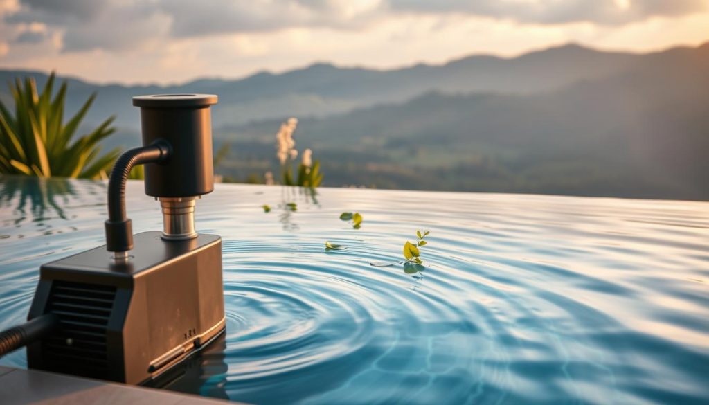 A tranquil scene of an ecological swimming pool, its surface gently rippling with natural aeration. In the foreground, a sleek, modern pump system quietly circulates the water, infusing it with vital oxygen. The middle ground features lush, verdant plants and natural filtration elements, blending seamlessly with the pool's organic design. In the background, a serene landscape of rolling hills and a softly clouded sky create a calming, restorative atmosphere. Warm, diffuse lighting casts a natural glow, highlighting the pool's crystal-clear, chlorine-free water. This image evokes a sense of harmony between nature and technology, showcasing the sustainable, eco-friendly features of a modern, chemical-free swimming pool.