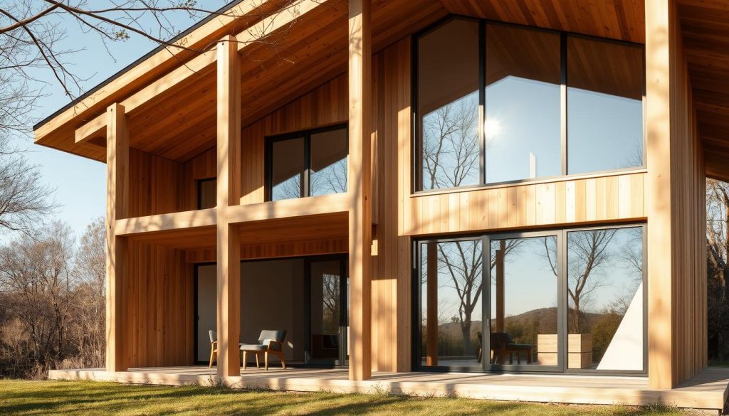 A wooden-framed house with a flat roof, standing in a natural setting. The structure showcases clean, modern lines and a sleek, minimalist aesthetic. Sunlight filters through the large windows, casting warm shadows across the exterior. The wooden beams and panels blend seamlessly with the surrounding landscape, creating a harmonious integration of architecture and environment. The scene exudes a sense of tranquility and thoughtful design, perfectly suited to illustrate the concept of a wood-framed extension or vertical addition to an existing home.