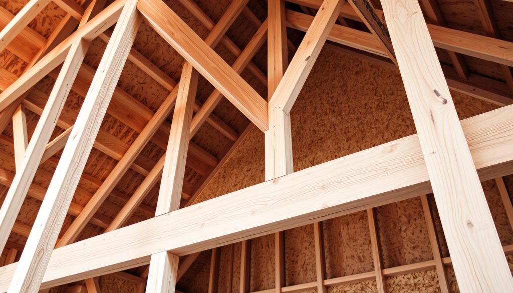 A wooden structure with a detailed bracing system, captured in a well-lit, high-resolution photograph. The foreground showcases the intricate cross-bracing, highlighting the structural integrity of the wood frame. The middle ground features the secure attachment of OSB sheathing, emphasizing the robust construction. The background subtly blends the natural wood tones with a soft, diffused lighting, creating a harmonious and technical atmosphere. Photographed at a slightly elevated angle to provide a comprehensive view of the woodworking techniques and their practical application. A wooden structure with a detailed bracing system, captured in a well-lit, high-resolution photograph. The foreground showcases the intricate cross-bracing, highlighting the structural integrity of the wood frame. The middle ground features the secure attachment of OSB sheathing, emphasizing the robust construction. The background subtly blends the natural wood tones with a soft, diffused lighting, creating a harmonious and technical atmosphere. Photographed at a slightly elevated angle to provide a comprehensive view of the woodworking techniques and their practical application.