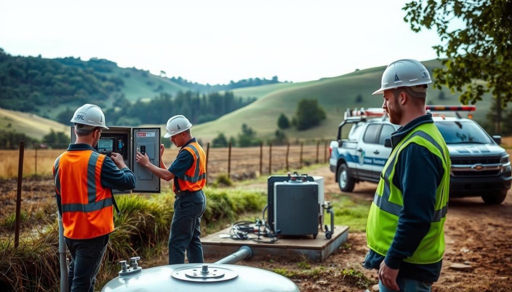 An image of professional wastewater treatment technicians working on a micro-station in a rural setting. In the foreground, two technicians in uniform and safety gear carefully inspect the control panel of the micro-station. The middle ground shows the larger micro-station unit, surrounded by lush greenery and rolling hills. In the background, a technician's truck is parked nearby, with their company logo visible. The scene is illuminated by soft, diffused natural lighting, creating a sense of calm and competence. The overall mood conveys the expertise and diligence required for the proper installation and maintenance of an individual wastewater treatment system.