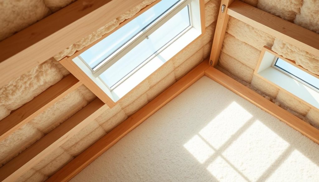 An interior scene of a modern home's attic space, illuminated by natural light filtering through skylights. The focus is on the thermal insulation installed between the rafters, showcasing its efficient energy performance. Crisp, clean lines define the architectural details, while textured materials like wool and rigid foam boards convey the insulation's high R-value. A sense of tranquility and comfort pervades the space, hinting at the benefits of proper attic insulation. The camera angle provides a balanced, symmetrical composition that highlights the insulation's seamless integration into the building design.