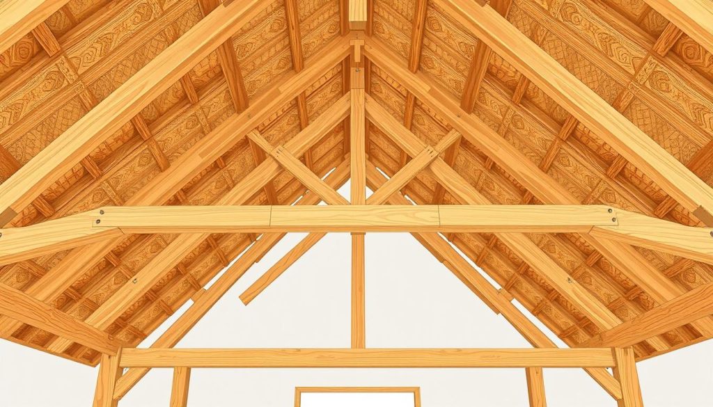 Detailed architectural rendering of structural timber framing elements for a flat roof construction, captured in a clean, technical illustration style. Centered composition showcasing the primary charpente (roof trusses), muralières (wall plates), and étriers (hangers) in warm wood tones. Evenly lit from above to highlight the intricate joinery and craftsmanship. Minimal background with a sense of depth, conveying the structural integrity and functionality of these essential building components. Crisp, high-resolution imagery suitable for use in a technical construction article.