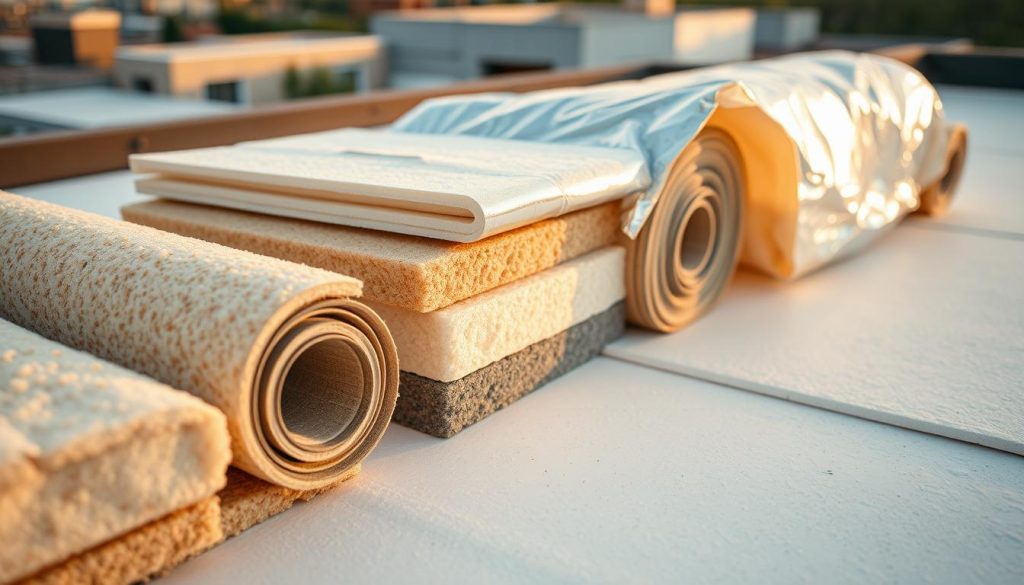 Detailed image of durable roofing insulation materials on a flat terrace roof. Closeup view showcasing various insulation panels and rolls, including rigid foam, mineral wool, and reflective foil. Careful attention to texture, density, and layering. Warm, natural lighting illuminates the materials, highlighting their thermal and acoustic properties. The composition emphasizes the importance of choosing the right insulation thickness and components for an energy-efficient and long-lasting rooftop system. Crisp focus and balanced composition to clearly communicate the technical details of sustainable roofing insulation. Detailed image of durable roofing insulation materials on a flat terrace roof. Closeup view showcasing various insulation panels and rolls, including rigid foam, mineral wool, and reflective foil. Careful attention to texture, density, and layering. Warm, natural lighting illuminates the materials, highlighting their thermal and acoustic properties. The composition emphasizes the importance of choosing the right insulation thickness and components for an energy-efficient and long-lasting rooftop system. Crisp focus and balanced composition to clearly communicate the technical details of sustainable roofing insulation.