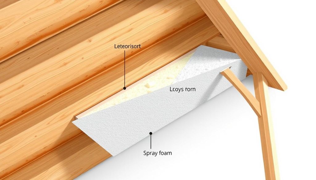 Detailed technical illustration of various roofing insulation methods, showcasing a cross-section view of the roof structure. Prominent display of insulation materials such as fiberglass batts, spray foam, and rigid boards, installed between and above the wooden roof joists. Emphasis on the varying thicknesses and proper placement to achieve optimal thermal and moisture performance. Crisp, clean rendering with soft, directional lighting illuminating the textured insulation surfaces and wood grain. Neutral color palette with subtle shading to clearly communicate the construction techniques. Precise technical accuracy to support the informative nature of the article's "Méthodes et techniques d'isolation" section.