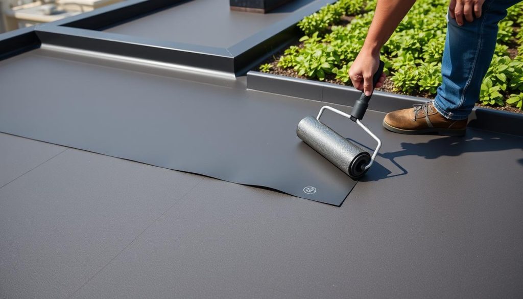 A close-up view of a durable, waterproof EPDM roofing membrane being carefully adhered to a flat rooftop surface. The membrane appears smooth and seamless, with a matte, charcoal-gray finish. In the foreground, a worker's hands are shown meticulously applying the membrane, using a specialized roller to ensure a tight, even bond. The middle ground depicts the membrane extending across the rooftop, with a slight overlap at the edges to create a watertight seal. The background showcases the lush, green foliage of a living roof system, suggesting the final, sustainable installation. The lighting is even and natural, creating a sense of precision and care in the installation process.