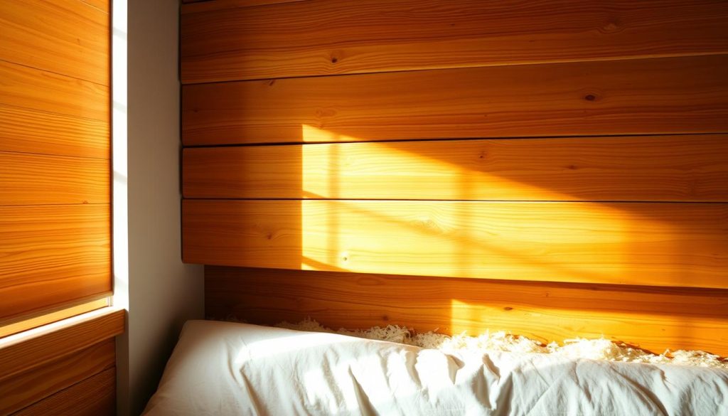 A cozy interior wall, partially clad in a warm, organic wooden paneling. The wooden slats are carefully installed, their natural grain and texture visible. The wall is well-insulated with a thick layer of wooden wool, creating an effective thermal barrier without compromising the aesthetic. Soft, diffused lighting filters through the wooden slats, casting gentle shadows and highlighting the depth and dimension of the installation. The overall scene conveys a sense of comfort, sustainability, and attention to detail, perfectly suited for the "pose laine de bois mur" section of the article. A cozy interior wall, partially clad in a warm, organic wooden paneling. The wooden slats are carefully installed, their natural grain and texture visible. The wall is well-insulated with a thick layer of wooden wool, creating an effective thermal barrier without compromising the aesthetic. Soft, diffused lighting filters through the wooden slats, casting gentle shadows and highlighting the depth and dimension of the installation. The overall scene conveys a sense of comfort, sustainability, and attention to detail, perfectly suited for the "pose laine de bois mur" section of the article.