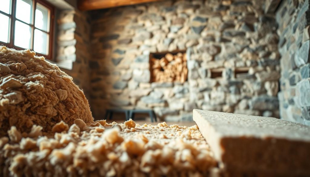 A cozy, well-lit interior showcasing three prominent wall insulation materials: wood wool, cork, and lime-hemp. The foreground features meticulously arranged samples, highlighting their distinct textures and colors, inviting the viewer to closely inspect the materials. The middle ground depicts the materials installed within a stone wall section, showcasing their breathability and natural integration. The background subtly suggests the context of a rustic, energy-efficient home, with soft lighting and a sense of warmth and comfort. The overall composition conveys a sense of expertise, quality, and the thoughtful selection of sustainable, high-performance insulation solutions for stone walls.