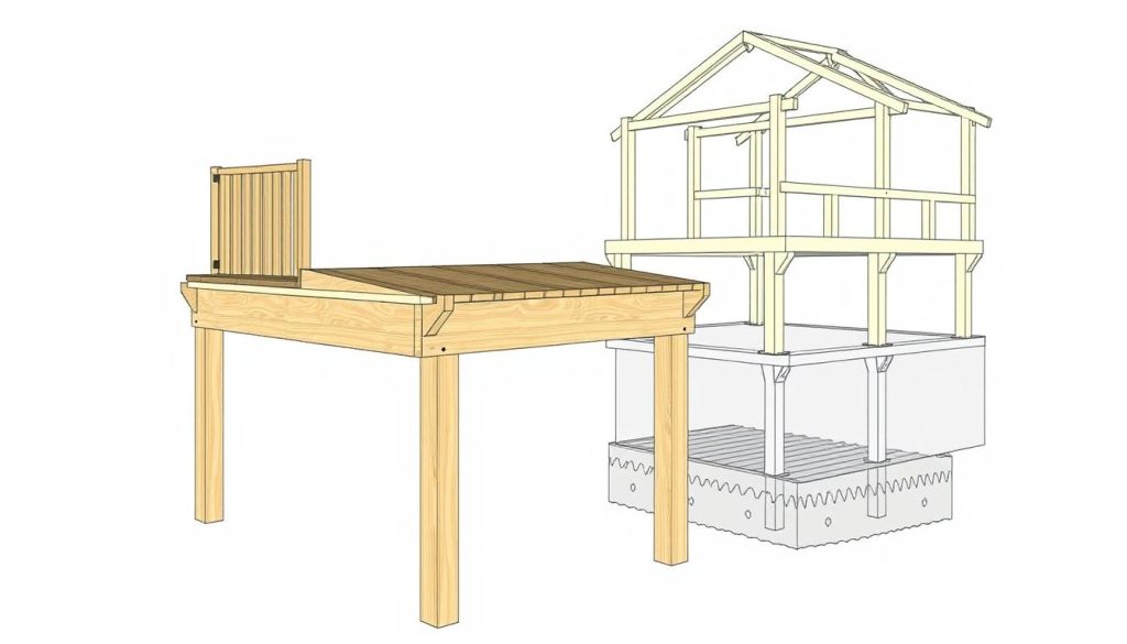A detailed architectural diagram of a wooden deck structure, showcasing the essential components and their dimensional specifications. The foreground features the cross-section of the deck, highlighting the load-bearing beams, joists, and deck boards in precise detail. The middle ground includes a clear perspective view of the overall frame, illustrating the support posts, bracing, and anchoring systems. The background provides a technical illustration of the foundation and ground preparation, emphasizing the importance of a stable, level base. The scene is rendered with a clean, technical aesthetic, utilizing a neutral color palette and crisp linework to convey the structural engineering principles. Lighting is neutral, allowing the technical details to take center stage. A detailed architectural diagram of a wooden deck structure, showcasing the essential components and their dimensional specifications. The foreground features the cross-section of the deck, highlighting the load-bearing beams, joists, and deck boards in precise detail. The middle ground includes a clear perspective view of the overall frame, illustrating the support posts, bracing, and anchoring systems. The background provides a technical illustration of the foundation and ground preparation, emphasizing the importance of a stable, level base. The scene is rendered with a clean, technical aesthetic, utilizing a neutral color palette and crisp linework to convey the structural engineering principles. Lighting is neutral, allowing the technical details to take center stage.