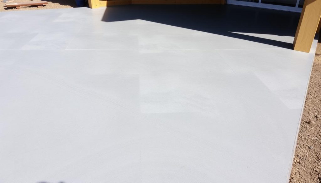 A large, sturdy concrete slab forms the foundation of the wood-frame extension. The surface is smooth and level, finished with a consistent gray tone. Sunlight casts long shadows across the slab, highlighting its substantial depth and weight. The concrete is poured to a specific thickness, creating a stable base for the structure above. The edges of the slab are cleanly tapered, transitioning seamlessly into the surrounding terrain. The overall impression is one of strength, solidity, and meticulous construction - the essential groundwork for a successful wood-frame extension project.