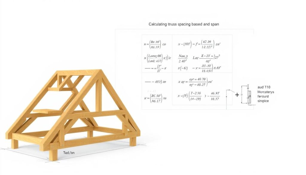 A technical illustration depicting the calculation of truss spacing based on load and span. In the foreground, a detailed 3D rendering of a timber truss structure, showcasing the key components and their dimensions. In the middle ground, a series of technical diagrams and charts presenting the formulas and calculations for determining the optimal spacing between trusses, taking into account factors such as load, span, and material properties. The background features a clean, minimalist layout with subtle grid lines and technical annotations, creating a sense of precision and engineering rigor. Rendered with a muted color palette and high-quality textures to convey a professional, technical aesthetic suitable for an architectural or engineering publication. A technical illustration depicting the calculation of truss spacing based on load and span. In the foreground, a detailed 3D rendering of a timber truss structure, showcasing the key components and their dimensions. In the middle ground, a series of technical diagrams and charts presenting the formulas and calculations for determining the optimal spacing between trusses, taking into account factors such as load, span, and material properties. The background features a clean, minimalist layout with subtle grid lines and technical annotations, creating a sense of precision and engineering rigor. Rendered with a muted color palette and high-quality textures to convey a professional, technical aesthetic suitable for an architectural or engineering publication.