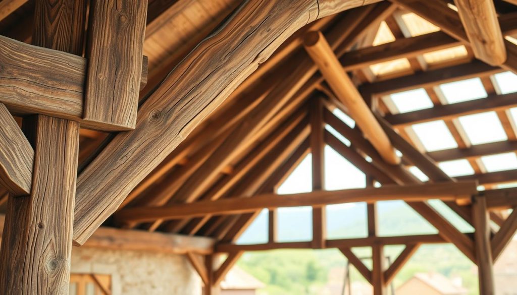 A traditional timber frame structure in a rustic, warm-toned setting. The foreground showcases the intricate joinery and mortise-and-tenon connections of the charpente, with weathered wooden beams and rafters intersecting at precise angles. The middle ground reveals the overall framework, highlighting the repeating patterns and rhythmic spacing of the structural elements. In the background, a softly blurred natural landscape, perhaps a quaint village or rolling hills, sets the tranquil mood. The lighting is natural and diffused, casting gentle shadows that accentuate the texture and craftsmanship of the traditional carpentry. The scene conveys a sense of timeless elegance and skilled artisanship in the construction of this iconic French architectural style. A traditional timber frame structure in a rustic, warm-toned setting. The foreground showcases the intricate joinery and mortise-and-tenon connections of the charpente, with weathered wooden beams and rafters intersecting at precise angles. The middle ground reveals the overall framework, highlighting the repeating patterns and rhythmic spacing of the structural elements. In the background, a softly blurred natural landscape, perhaps a quaint village or rolling hills, sets the tranquil mood. The lighting is natural and diffused, casting gentle shadows that accentuate the texture and craftsmanship of the traditional carpentry. The scene conveys a sense of timeless elegance and skilled artisanship in the construction of this iconic French architectural style.