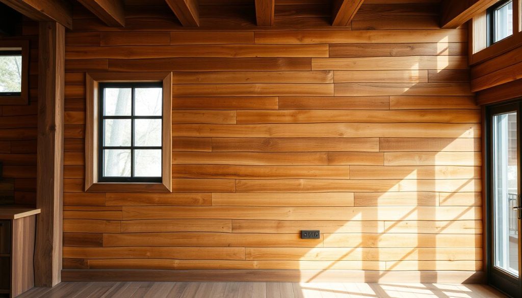 A warm, inviting interior featuring a rustic wooden wall paneling, or "bardage bois", as the focal point. The paneling is composed of natural, irregularly-shaped wood planks in rich, earthy tones, creating a cozy, textured backdrop. Soft, diffused lighting from windows gently illuminates the space, casting subtle shadows and highlights that accentuate the grain and character of the wood. The overall atmosphere is one of organic elegance, seamlessly blending the architectural elements with the surrounding decor for a harmonious, well-integrated design.