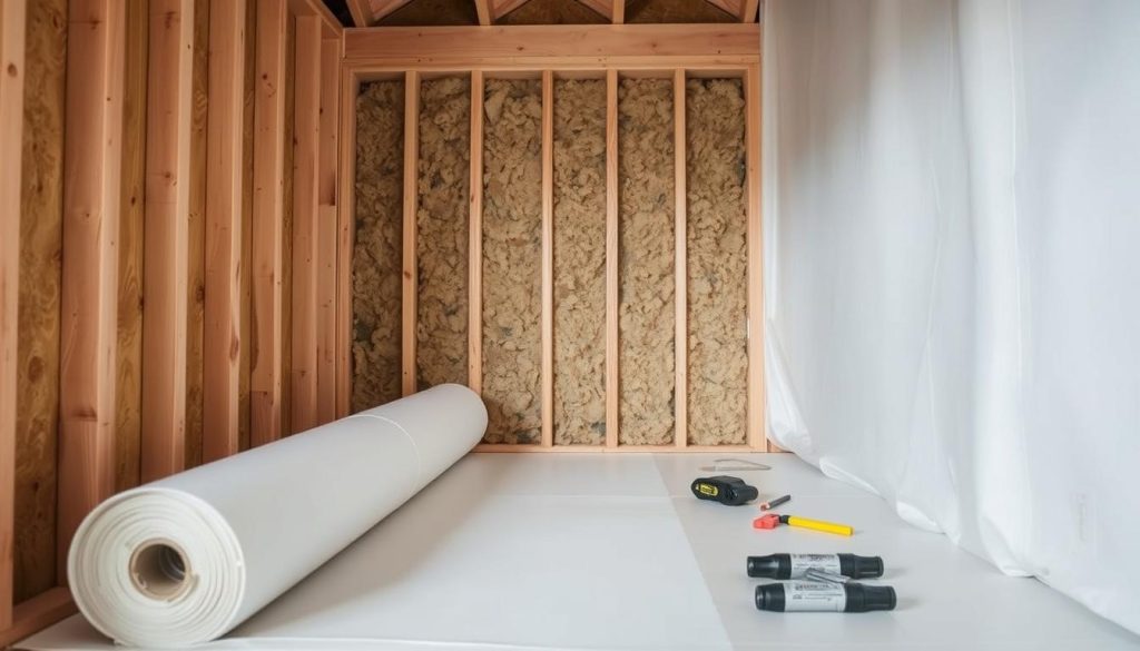 A well-insulated interior wall with wood and wool insulation, showcasing the airtightness and vapor barrier installation. The scene depicts a partially constructed wall section, revealing the layered components. In the foreground, a roll of airtight membrane material is visible, with tools and accessories nearby. The middle ground features the wood and wool insulation panels, carefully installed to minimize thermal bridges. The background displays the exposed wooden framing, providing structural support and integration points for the insulation. Soft, even lighting illuminates the scene, emphasizing the textures and material properties. The overall composition conveys the importance of proper airtightness and vapor management in achieving an effective, energy-efficient wall assembly. A well-insulated interior wall with wood and wool insulation, showcasing the airtightness and vapor barrier installation. The scene depicts a partially constructed wall section, revealing the layered components. In the foreground, a roll of airtight membrane material is visible, with tools and accessories nearby. The middle ground features the wood and wool insulation panels, carefully installed to minimize thermal bridges. The background displays the exposed wooden framing, providing structural support and integration points for the insulation. Soft, even lighting illuminates the scene, emphasizing the textures and material properties. The overall composition conveys the importance of proper airtightness and vapor management in achieving an effective, energy-efficient wall assembly.