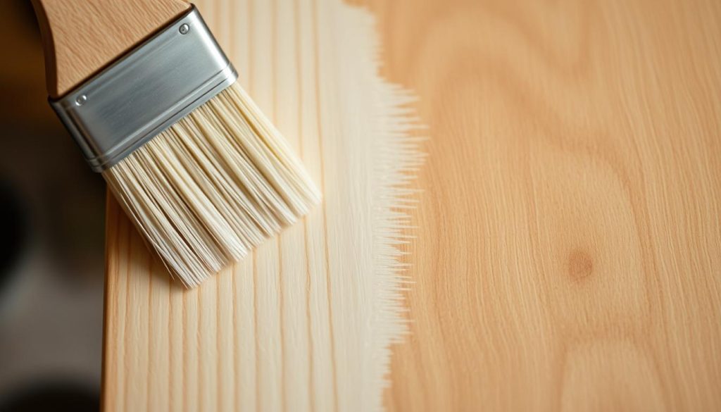 A well-lit, close-up shot of a wooden surface being evenly coated with a smooth, uniform layer of traditional Swedish paint. The brush strokes are precise and deliberate, leaving a luscious, even finish. The paint has a rich, creamy texture that glistens subtly in the warm, diffused lighting. The background is softly blurred, allowing the focus to remain on the skilled brushwork and the satisfying application of the natural, flour-based paint. An artisanal, handcrafted aesthetic pervades the scene, conveying a sense of care and craftsmanship.