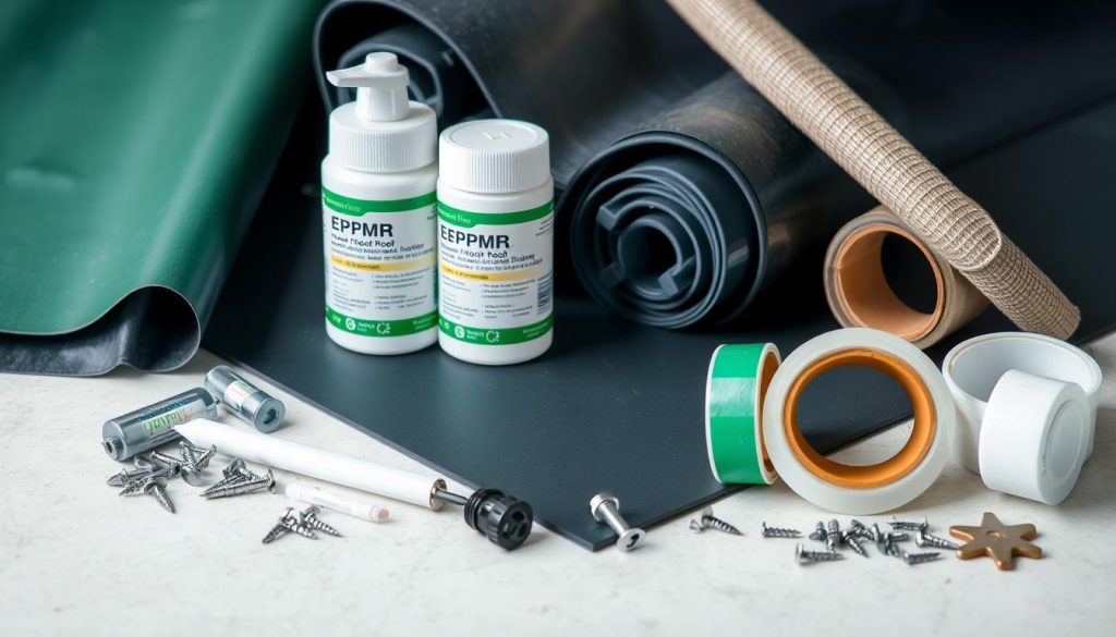 A well-lit close-up view of roofing materials and accessories for waterproofing, including EPDM rubber sheets, sealants, tapes, fasteners, and other essential items for a green roof installation. The items are arranged neatly on a clean, neutral surface, showcasing their textures, colors, and functions. The lighting is soft and even, highlighting the technical details and quality of the products. The overall mood is professional, informative, and focused on the key materials required for a durable, watertight green roof system.