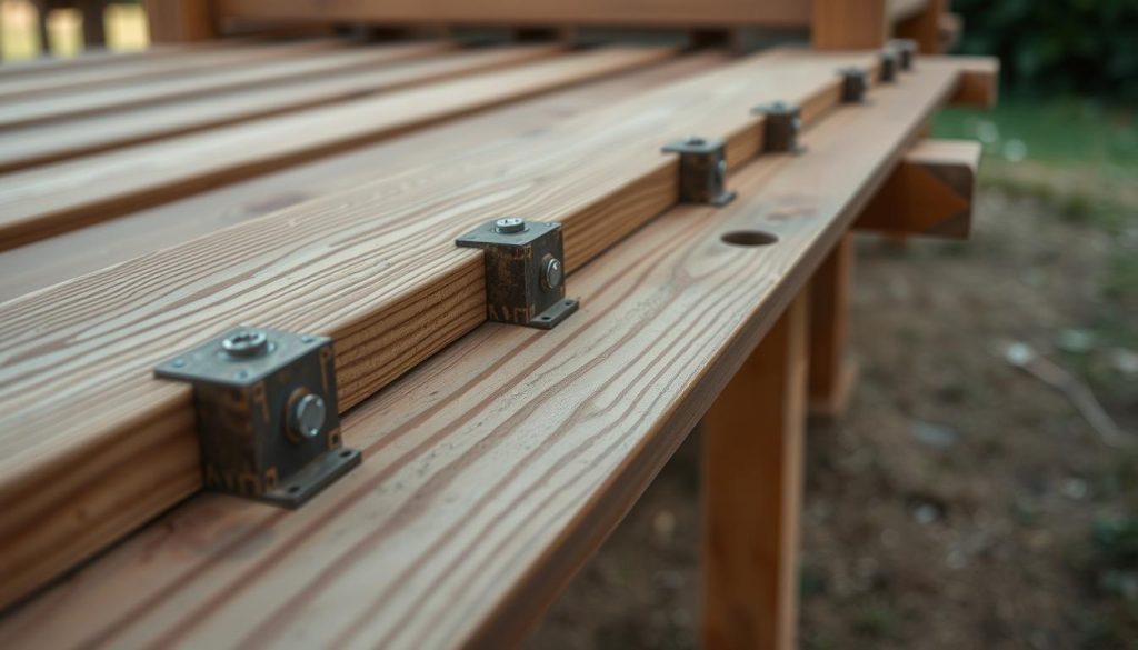 A well-lit, detailed close-up shot of a wooden deck, showcasing the intricate fixation techniques used to securely attach the deck boards. The foreground features several wood lames, their edges and fasteners clearly visible, highlighting the craftsmanship and stability of the installation. The middle ground shows the wooden frame and supports beneath the deck, providing context and emphasizing the sturdy construction. The background is softly blurred, subtly suggesting the surrounding environment, perhaps a natural landscape or garden setting. The lighting is balanced, creating a sense of depth and accentuating the textures and grain of the wood. The overall mood is one of precision, durability, and attention to detail, reflecting the technical aspects of the deck installation process. A well-lit, detailed close-up shot of a wooden deck, showcasing the intricate fixation techniques used to securely attach the deck boards. The foreground features several wood lames, their edges and fasteners clearly visible, highlighting the craftsmanship and stability of the installation. The middle ground shows the wooden frame and supports beneath the deck, providing context and emphasizing the sturdy construction. The background is softly blurred, subtly suggesting the surrounding environment, perhaps a natural landscape or garden setting. The lighting is balanced, creating a sense of depth and accentuating the textures and grain of the wood. The overall mood is one of precision, durability, and attention to detail, reflecting the technical aspects of the deck installation process.