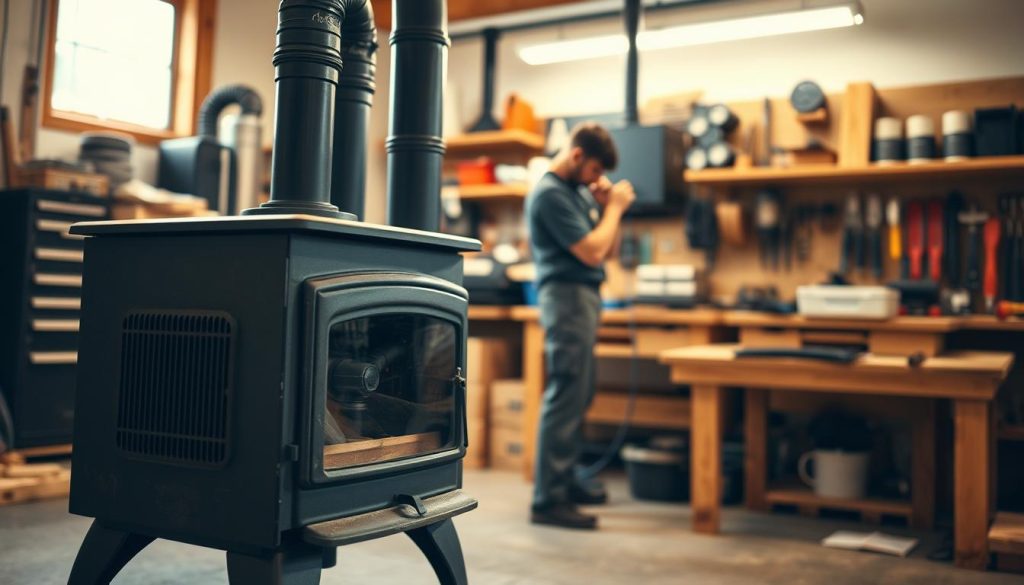 A well-lit, detailed scene of a wood stove heat recovery system installation. In the foreground, a wood stove stands prominently, with pipes and ducting emerging from its rear. In the middle ground, a technician carefully connects the recovery unit to the stove, working with precision. The background features a neatly organized workshop space, with tools and materials organized for the task. The lighting is warm and natural, creating a sense of functionality and craftsmanship. The angle captures the key steps of the installation process, showcasing the technical aspects while maintaining a practical, instructional feel. A well-lit, detailed scene of a wood stove heat recovery system installation. In the foreground, a wood stove stands prominently, with pipes and ducting emerging from its rear. In the middle ground, a technician carefully connects the recovery unit to the stove, working with precision. The background features a neatly organized workshop space, with tools and materials organized for the task. The lighting is warm and natural, creating a sense of functionality and craftsmanship. The angle captures the key steps of the installation process, showcasing the technical aspects while maintaining a practical, instructional feel.