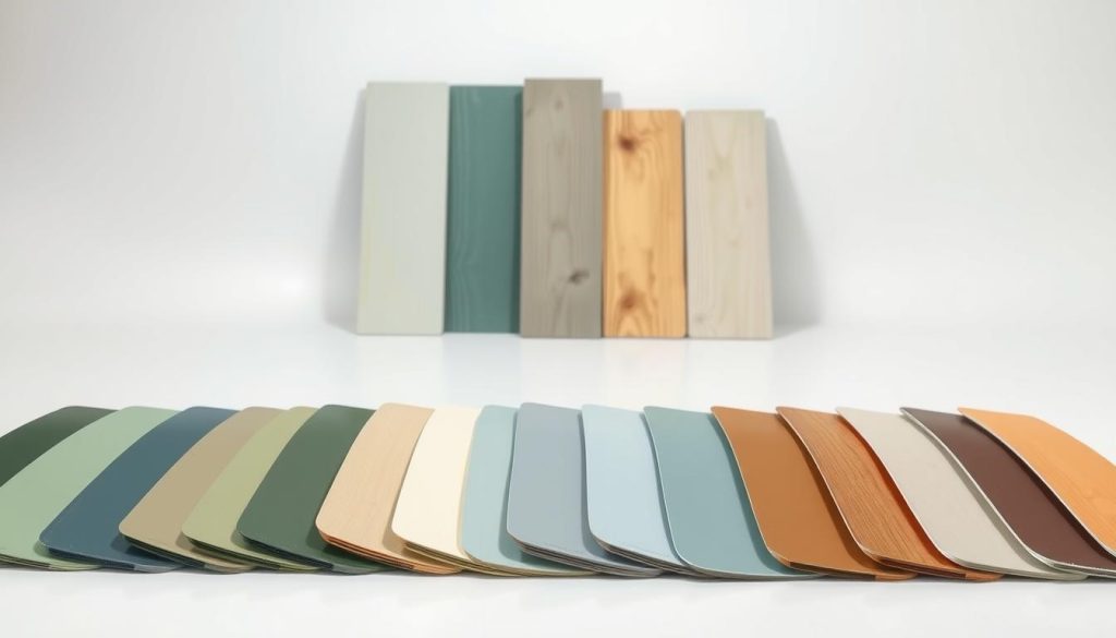 A well-lit, high-resolution studio scene showcasing a comparison of eco-friendly paint colors. In the foreground, an array of paint samples in various shades of green, blue, and earth tones, neatly arranged on a clean, white surface. The middle ground features sample wooden panels, each painted with a different natural paint, allowing for a direct visual comparison of their hues and finishes. The background subtly blends into a soft, neutral gradient, placing the focus on the paint samples. Subtle reflections and gentle shadows add depth and realism to the scene. The overall mood is one of clarity, highlighting the nuanced differences between these sustainable paint options.