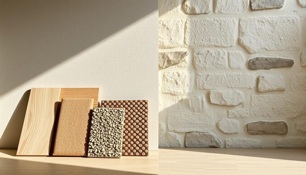 Comparatif d'isolants naturels pour murs en pierre, vue d'ensemble. Au premier plan, des échantillons de laine de bois, de liège et de chaux-chanvre, disposés avec soin. Derrière, des murs de pierre aux textures contrastées, baignés d'une lumière naturelle douce. Un style aéré et épuré, reflet de l'authenticité et de la performance des matériaux. L'image transmet un sentiment de confort et de durabilité, parfaitement adapté à la section "Les isolants naturels adaptés aux murs en pierre".