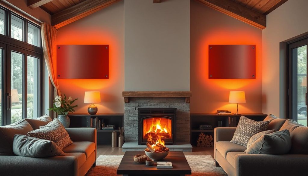 Optimising heat distribution from a wood stove: a detailed interior scene of a cozy living room with a central wood-burning fireplace, showcasing an efficient heat diffusion system. Warm, amber lighting from the fireplace creates a inviting atmosphere, illuminating sleek metal heat diffuser panels mounted strategically on the walls. Radiant heat effortlessly circulates through the space, gently warming the room. Plush furniture and soft textures evoke comfort, while large windows allow natural light to filter in. The overall composition conveys a sense of harmony between the technological heat management solution and the rustic charm of the wood stove, creating a welcoming and efficient domestic setting. Optimising heat distribution from a wood stove: a detailed interior scene of a cozy living room with a central wood-burning fireplace, showcasing an efficient heat diffusion system. Warm, amber lighting from the fireplace creates a inviting atmosphere, illuminating sleek metal heat diffuser panels mounted strategically on the walls. Radiant heat effortlessly circulates through the space, gently warming the room. Plush furniture and soft textures evoke comfort, while large windows allow natural light to filter in. The overall composition conveys a sense of harmony between the technological heat management solution and the rustic charm of the wood stove, creating a welcoming and efficient domestic setting.