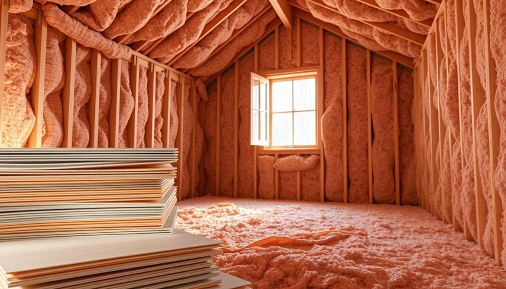 A cozy, well-insulated home interior filled with a variety of thermal insulation materials, showcasing their role in maintaining a comfortable temperature throughout the seasons. In the foreground, high-performance insulation panels are neatly stacked, their thermal resistance properties visible. In the middle ground, expertly installed insulation in the walls and ceiling create a warm, inviting atmosphere. The background features an open window, allowing natural light to stream in and highlighting the thermal efficiency of the home's construction. The overall scene conveys a sense of comfort, energy-efficiency, and an understanding of how strategic material selection can optimize a home's thermal performance. A cozy, well-insulated home interior filled with a variety of thermal insulation materials, showcasing their role in maintaining a comfortable temperature throughout the seasons. In the foreground, high-performance insulation panels are neatly stacked, their thermal resistance properties visible. In the middle ground, expertly installed insulation in the walls and ceiling create a warm, inviting atmosphere. The background features an open window, allowing natural light to stream in and highlighting the thermal efficiency of the home's construction. The overall scene conveys a sense of comfort, energy-efficiency, and an understanding of how strategic material selection can optimize a home's thermal performance.