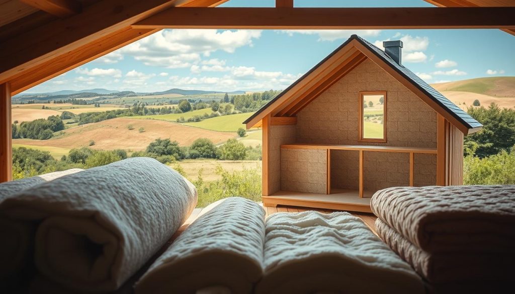 A cozy, well-insulated home nestled in a serene, sunlit countryside landscape. In the foreground, a selection of insulation materials in various textures and shades, showcasing the diverse options available for optimal thermal regulation. The middle ground features a cutaway view of the home's structure, highlighting the strategic placement of the insulation to create a harmonious balance between indoor and outdoor temperatures. In the background, a panoramic vista of rolling hills and verdant vegetation, reflecting the regional climate and the importance of tailoring insulation choices to the local environment. Soft, natural lighting illuminates the scene, evoking a sense of comfort and efficiency. The overall composition conveys the importance of making an informed "choix isolant région" for a refreshingly cool home in the summer. A cozy, well-insulated home nestled in a serene, sunlit countryside landscape. In the foreground, a selection of insulation materials in various textures and shades, showcasing the diverse options available for optimal thermal regulation. The middle ground features a cutaway view of the home's structure, highlighting the strategic placement of the insulation to create a harmonious balance between indoor and outdoor temperatures. In the background, a panoramic vista of rolling hills and verdant vegetation, reflecting the regional climate and the importance of tailoring insulation choices to the local environment. Soft, natural lighting illuminates the scene, evoking a sense of comfort and efficiency. The overall composition conveys the importance of making an informed "choix isolant région" for a refreshingly cool home in the summer.
