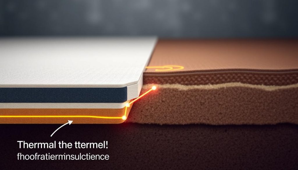A detailed cross-section of thermal bridges in a floor insulation system. In the foreground, a close-up view of the transition between the flooring and the insulation, highlighting the thermal leakage at the perimeter. The middle ground shows the different insulation layers, including a thin insulation panel and a thicker insulation mat, with a focus on the areas where the insulation is compressed or interrupted. The background depicts the overall floor assembly, including the subfloor, the concrete slab, and the soil below, all rendered in muted tones to emphasize the technical details. The lighting is soft and diffused, creating a technical, educational atmosphere suitable for an illustration in an article about floor insulation solutions.