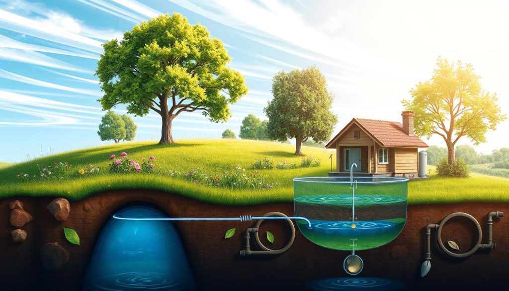 A detailed, realistic illustration of the environmental impact of a home wastewater treatment system. The foreground features a cross-section of the system, showcasing its components and the natural filtration process. The middle ground depicts a lush, verdant landscape, with trees, flowers, and a nearby stream, symbolizing the system's ecological integration. The background shows a clean, blue sky with wispy clouds, conveying a sense of harmony and sustainability. The lighting is soft and natural, casting gentle shadows and highlighting the system's efficient and eco-friendly design. The overall tone is one of environmental awareness and responsibility, reflecting the importance of sustainable wastewater management.