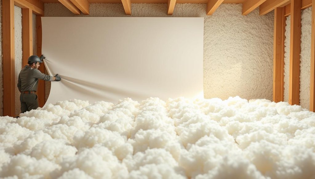 A high-resolution, detailed illustration of the step-by-step installation process for a vapor barrier made of cellulose insulation. The foreground depicts a worker carefully unrolling and positioning the vapor barrier material, showcasing its smooth, uniform texture. The middle ground highlights the insulation material being installed, with its fluffy, cloud-like appearance. The background features a clean, well-lit interior space, conveying a sense of order and precision. The lighting is soft and natural, creating a warm, inviting atmosphere. The overall composition emphasizes the importance of proper vapor barrier installation for preventing moisture buildup and ensuring a comfortable, energy-efficient living environment.