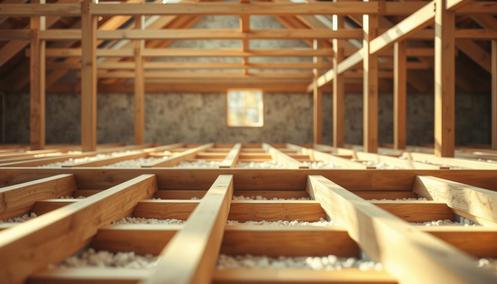 A meticulously crafted, step-by-step view of a lightweight wood-frame floor construction. The foreground showcases the precise assembly of the wooden beams, joists, and panels, captured with a clean, technical lens. The middle ground reveals the seamless integration of insulation materials, ensuring optimal thermal efficiency. In the background, a softly blurred perspective emphasizes the structural integrity and cohesive design of this innovative flooring solution. Warm, natural lighting illuminates the scene, conveying a sense of craftsmanship and attention to detail. This image effectively communicates the essence of the "Mise en œuvre étape par étape de la dalle bois" section, providing a visually engaging and informative illustration for the article. Prompt A meticulously crafted, step-by-step view of a lightweight wood-frame floor construction. The foreground showcases the precise assembly of the wooden beams, joists, and panels, captured with a clean, technical lens. The middle ground reveals the seamless integration of insulation materials, ensuring optimal thermal efficiency. In the background, a softly blurred perspective emphasizes the structural integrity and cohesive design of this innovative flooring solution. Warm, natural lighting illuminates the scene, conveying a sense of craftsmanship and attention to detail. This image effectively communicates the essence of the "Mise en œuvre étape par étape de la dalle bois" section, providing a visually engaging and informative illustration for the article. Prompt