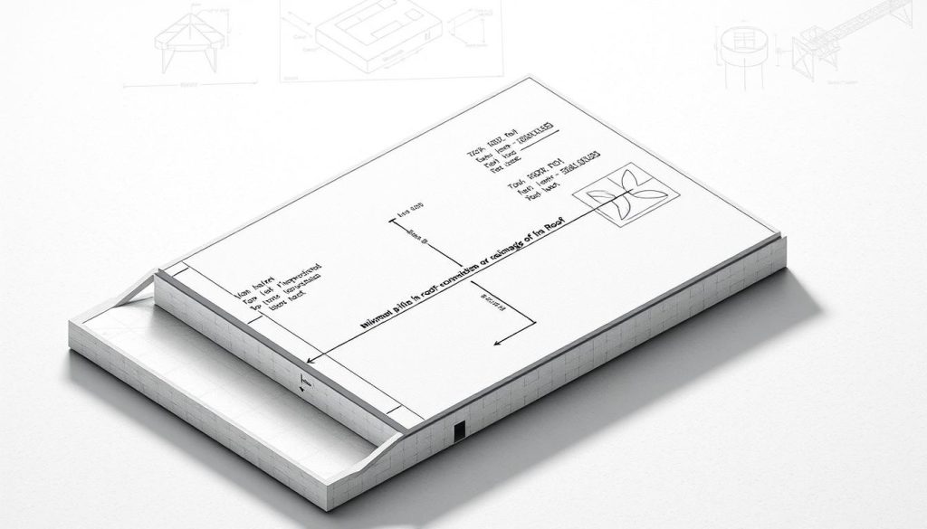 A well-lit, detailed architectural diagram depicting the minimum pitch of a flat roof. The foreground shows an isometric view of a flat roof structure, with precise measurements and annotations outlining the required slope and drainage considerations. The middle ground includes technical drawings and diagrams explaining the calculations and specifications for the optimal roof pitch. The background features a neutral, subtly-textured environment to emphasize the technical nature of the subject matter. The overall mood is informative and educational, conveying the essential technical details for properly designing a flat roof system. A well-lit, detailed architectural diagram depicting the minimum pitch of a flat roof. The foreground shows an isometric view of a flat roof structure, with precise measurements and annotations outlining the required slope and drainage considerations. The middle ground includes technical drawings and diagrams explaining the calculations and specifications for the optimal roof pitch. The background features a neutral, subtly-textured environment to emphasize the technical nature of the subject matter. The overall mood is informative and educational, conveying the essential technical details for properly designing a flat roof system.