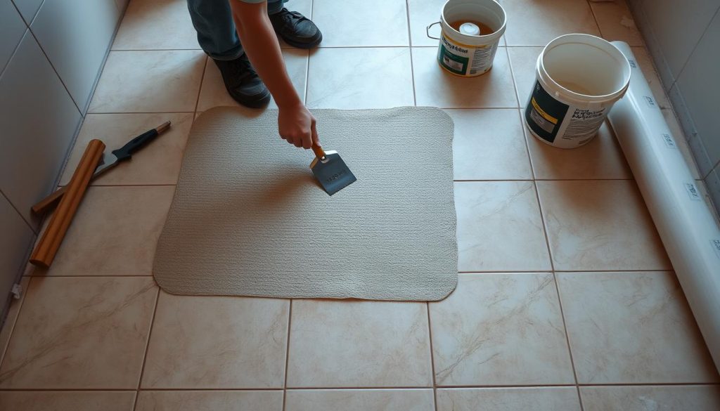 A well-lit, high-angle view of a tiled floor undergoing preparation for insulation. In the foreground, a skilled worker carefully applies a thin layer of underlayment material, ensuring a smooth and level surface. The middle ground showcases the various tools and materials used, such as a notched trowel, a roll of insulation membrane, and a bucket of adhesive. In the background, the existing tile flooring is visible, providing context for the insulation process. The scene conveys a sense of precision and attention to detail, reflecting the practical steps involved in isolating a tiled floor.