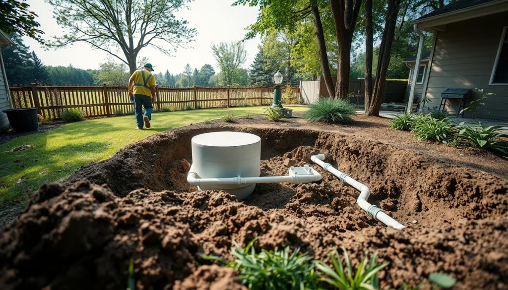 A well-lit, wide-angle view of a residential backyard setting, showcasing the final stages of a septic system installation. In the foreground, a worker carefully backfills the excavated area around the newly installed septic tank, ensuring proper drainage and compaction of the soil. The middle ground features the exposed piping and connections leading from the septic tank to the drain field, providing a clear visual of the system's layout. In the background, lush vegetation and a tranquil outdoor scene set the stage for the completion of this essential home improvement project. The scene conveys a sense of professionalism, attention to detail, and the importance of proper septic system installation for maintaining a healthy, sustainable home environment.
