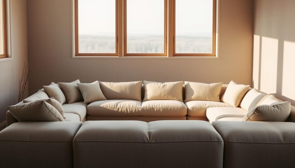 A cozy configuration of plush couches in a serene, isolated setting. The couches are arranged in a thoughtful, minimalist layout, with soft, neutral-toned upholstery that blends seamlessly with the muted, natural surroundings. Warm, diffused lighting filters through large windows, casting a gentle glow on the scene. The space exudes a sense of tranquility and introspection, inviting the viewer to imagine themselves nestled within, lost in contemplation. The overall composition emphasizes the importance of comfort, simplicity, and the harmonious integration of indoor and outdoor elements, evoking a calming, reflective atmosphere suitable for the "Guide étape par étape pour vos calculs thermiques" section.