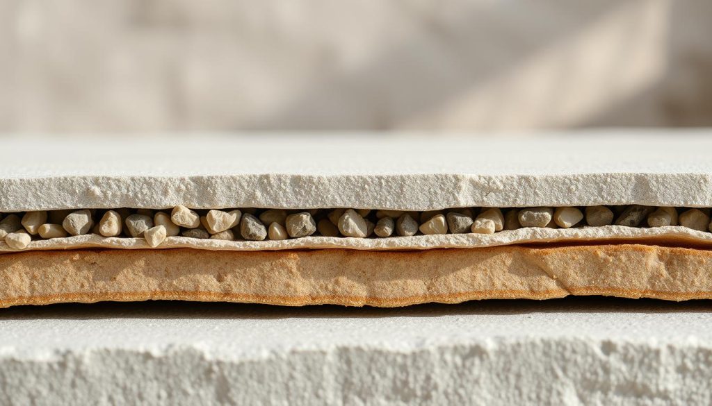 A cross-section of a "composition béton chaux agrégats" (lime concrete composition with aggregates), showcasing its layered structure. In the foreground, a detailed view of the aggregate particles, their varied shapes and sizes, embedded within the lime-based matrix. The middle ground reveals the textured surface of the lime concrete, with a slight undulation that suggests a handcrafted quality. In the background, a soft, diffused lighting creates a serene, almost ethereal atmosphere, highlighting the natural tones and hues of the materials. The overall composition conveys a sense of traditional craftsmanship and the inherent beauty of the raw, earthen materials used in the construction of a "dalle chaux chanvre sur terre battue" (lime-hemp slab on rammed earth).