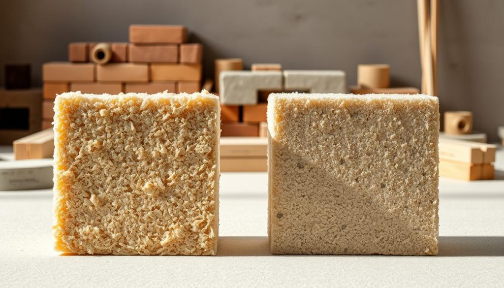 A detailed comparison of insulation materials, featuring two distinct samples of lime-hemp composite positioned prominently in the foreground. The samples are illuminated by soft, natural lighting, showcasing their unique textures and tones. The middle ground features an arrangement of various building materials, including bricks, mortar, and other construction elements, providing context and scale. The background gently fades into a neutral, minimalist setting, allowing the focus to remain on the insulation materials and their distinguishing characteristics. The overall composition conveys a sense of thoughtful analysis and informed decision-making, suitable for the section title "Choosing materials and optimizing your budget".