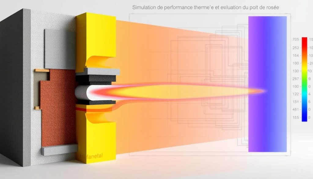 A detailed cross-section rendering of a thermal simulation of a wall, showcasing the various thermal layers and properties. The foreground depicts the wall's internal structure, with distinct insulation, air gaps, and building materials. The middle ground highlights the heat transfer patterns, visualized through gradients and color-coded thermal zones. The background features a technical diagram-like layout, adding context and scale. Rendered with a muted, technical color palette, the image conveys a sense of scientific analysis and evaluation. Lighting is soft and diffused, emphasizing the technical nature of the simulation. The overall composition aims to provide a clear, informative visual aid for the "Simulation de performance thermique et évaluation du point de rosée" section of the article.