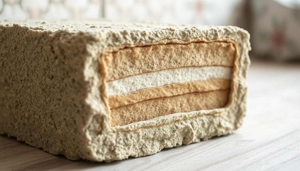 A detailed, cross-sectional illustration of a lime-hemp plaster mixture. The foreground depicts the textured surface of the plaster, showcasing its unique, organic appearance with visible hemp fibers and a mottled, earthen tone. The middle ground reveals the plaster's internal structure, with distinct layers of lime and hemp aggregates, demonstrating the material's insulating and breathable properties. The background provides a soft, blurred context, allowing the plaster's composition to be the primary focus. The lighting is soft and natural, creating depth and highlighting the materiality. The overall mood is one of simplicity, authenticity, and a connection to the natural world.