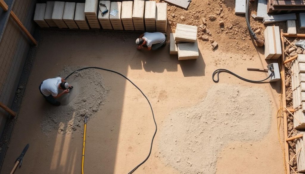 A detailed overhead view of a construction site, showcasing the preparation of an insulating hempcrete flooring system. In the foreground, workers carefully mix and spread a lime-based hempcrete mixture onto a compacted earth surface. The middle ground features stacks of raw hempcrete blocks and tools necessary for the installation. The background depicts the surrounding construction area, with scaffolding and other building materials visible. The lighting is natural, with soft shadows accentuating the textures of the materials. The scene conveys a sense of skilled craftsmanship and sustainable construction practices.