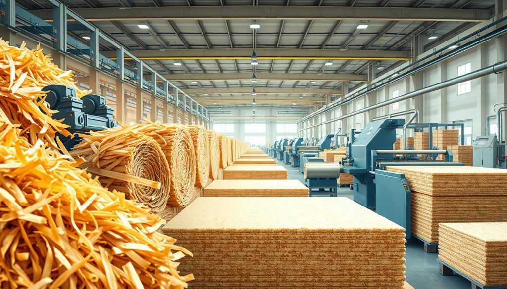 A detailed, step-by-step illustration of the wood processing and insulation manufacturing workflow. In the foreground, close-up shots of raw wood fibers being mechanically broken down, fibers being compressed and bound with natural adhesives. In the middle ground, a series of industrial machines shaping, cutting, and packaging the finished wood fiber insulation panels. In the background, an airy, well-lit factory space with high ceilings, conveyor belts, and technicians overseeing the production process. The overall tone is technical, informative, and visually engaging, highlighting the precision and craftsmanship involved in creating high-quality wood-based insulation materials.