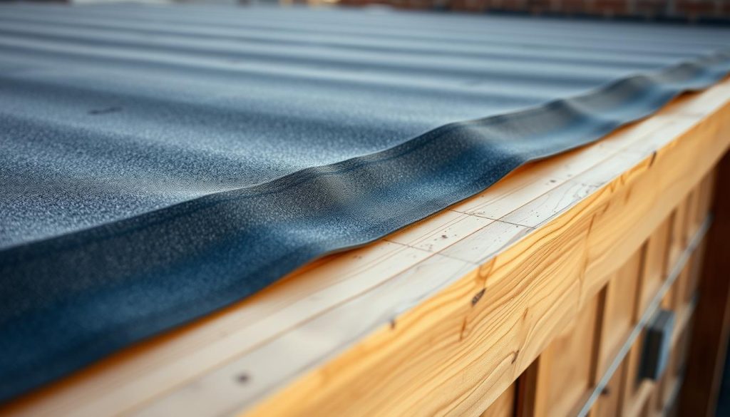 A high-quality, detailed image of "bandes périmétriques membrane étanche" for a technical article on flat roof EPDM installation and waterproofing finishes. Depicted is the perimeter band, a crucial component providing a seamless, watertight seal between the EPDM membrane and the OSB deck. The image shows the band in close-up, with crisp focus on the textured, flexible material and its precise, uniform application along the roof edges. Warm, diffused lighting accentuates the seamless integration of the band, conveying a sense of professionalism and meticulous workmanship. The angle and perspective suggest an on-site, documentary-style capture, highlighting the band's role in achieving a perfect, water-resistant roof system. A high-quality, detailed image of "bandes périmétriques membrane étanche" for a technical article on flat roof EPDM installation and waterproofing finishes. Depicted is the perimeter band, a crucial component providing a seamless, watertight seal between the EPDM membrane and the OSB deck. The image shows the band in close-up, with crisp focus on the textured, flexible material and its precise, uniform application along the roof edges. Warm, diffused lighting accentuates the seamless integration of the band, conveying a sense of professionalism and meticulous workmanship. The angle and perspective suggest an on-site, documentary-style capture, highlighting the band's role in achieving a perfect, water-resistant roof system.