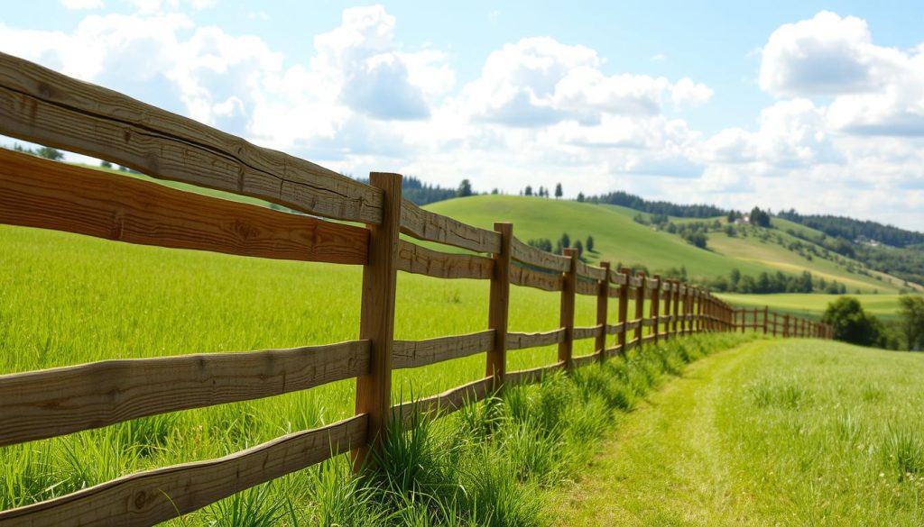 A rustic chestnut fence aligning a lush, verdant field under a bright, sun-dappled sky. The sturdy, weathered wooden slats stretch across the foreground, their natural hues and textures creating a warm, earthy aesthetic. In the middle ground, a rolling landscape of gently undulating hills and trees, while the background is dotted with fluffy cumulus clouds floating above the serene scene. The lighting is soft and natural, casting gentle shadows and highlights that accentuate the tactile quality of the materials. The overall composition conveys a sense of tranquility, simplicity, and the harmonious integration of man-made structures with the natural environment. A rustic chestnut fence aligning a lush, verdant field under a bright, sun-dappled sky. The sturdy, weathered wooden slats stretch across the foreground, their natural hues and textures creating a warm, earthy aesthetic. In the middle ground, a rolling landscape of gently undulating hills and trees, while the background is dotted with fluffy cumulus clouds floating above the serene scene. The lighting is soft and natural, casting gentle shadows and highlights that accentuate the tactile quality of the materials. The overall composition conveys a sense of tranquility, simplicity, and the harmonious integration of man-made structures with the natural environment.