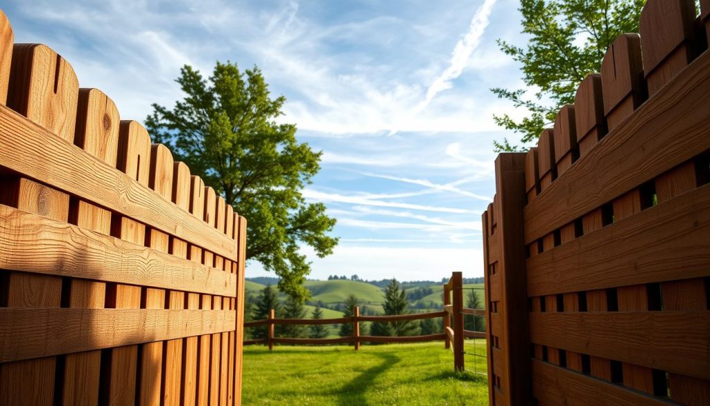 A rustic chestnut wood fence installation in a lush, verdant landscape. The foreground showcases the detailed craftsmanship of the interlocking chestnut slats, their warm tones and natural textures accentuated by soft, directional lighting. In the middle ground, the fence seamlessly blends into the background of rolling hills, mature trees, and a picturesque sky with wispy clouds. The overall scene conveys a sense of harmonious integration between the man-made structure and the natural environment, reflecting the prompt's focus on a quick, straightforward, and eco-friendly fencing solution. A rustic chestnut wood fence installation in a lush, verdant landscape. The foreground showcases the detailed craftsmanship of the interlocking chestnut slats, their warm tones and natural textures accentuated by soft, directional lighting. In the middle ground, the fence seamlessly blends into the background of rolling hills, mature trees, and a picturesque sky with wispy clouds. The overall scene conveys a sense of harmonious integration between the man-made structure and the natural environment, reflecting the prompt's focus on a quick, straightforward, and eco-friendly fencing solution.