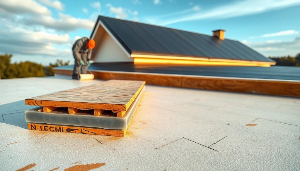 A well-constructed flat roof made of EPDM membrane, meticulously installed on an OSB substrate. The foreground showcases a cross-section, highlighting the bonding techniques and sealing methods used to ensure a durable, watertight finish. The middle ground features a technician applying adhesive with a specialized roller, demonstrating the attention to detail required. In the background, a serene overhead view captures the seamless integration of the membrane with the surrounding architecture, conveying a sense of long-lasting protection. Warm, natural lighting accentuates the textures and materials, creating an inviting atmosphere for this practical installation. A well-constructed flat roof made of EPDM membrane, meticulously installed on an OSB substrate. The foreground showcases a cross-section, highlighting the bonding techniques and sealing methods used to ensure a durable, watertight finish. The middle ground features a technician applying adhesive with a specialized roller, demonstrating the attention to detail required. In the background, a serene overhead view captures the seamless integration of the membrane with the surrounding architecture, conveying a sense of long-lasting protection. Warm, natural lighting accentuates the textures and materials, creating an inviting atmosphere for this practical installation.