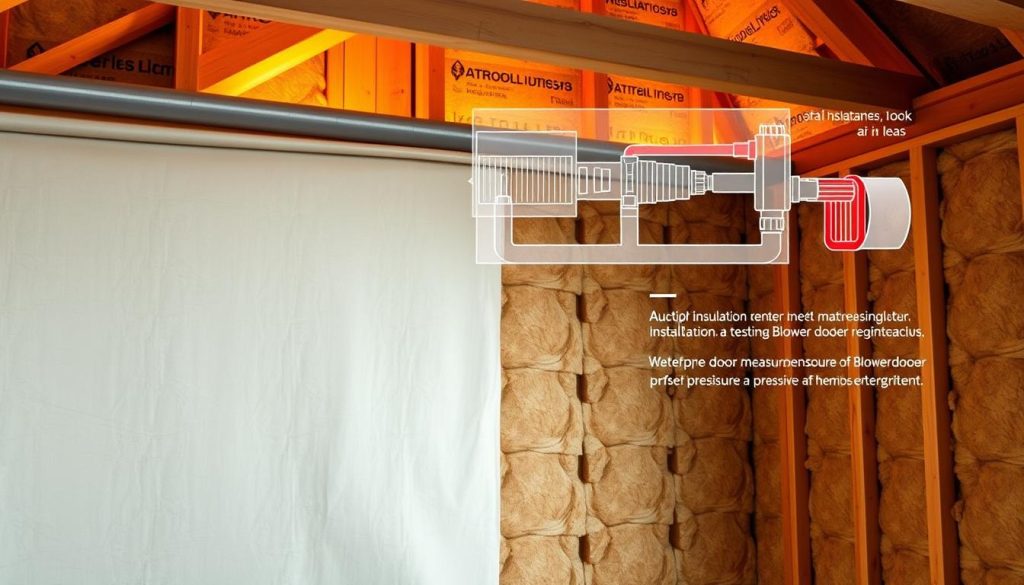 A well-insulated and air-tight building, showcasing the synergy between quality insulation and airtightness. In the foreground, a seamless membrane wraps around the structure, creating an impenetrable barrier against air leaks. The middle ground features insulation materials with intricate patterns, their fibers interlocking to form a cohesive thermal envelope. The background depicts a technical diagram, highlighting the importance of proper installation and testing, such as Blower Door measurements, to ensure the building's passive performance. Warm lighting casts a soft glow, emphasizing the careful attention to detail and the harmonious integration of these critical elements for achieving energy efficiency.