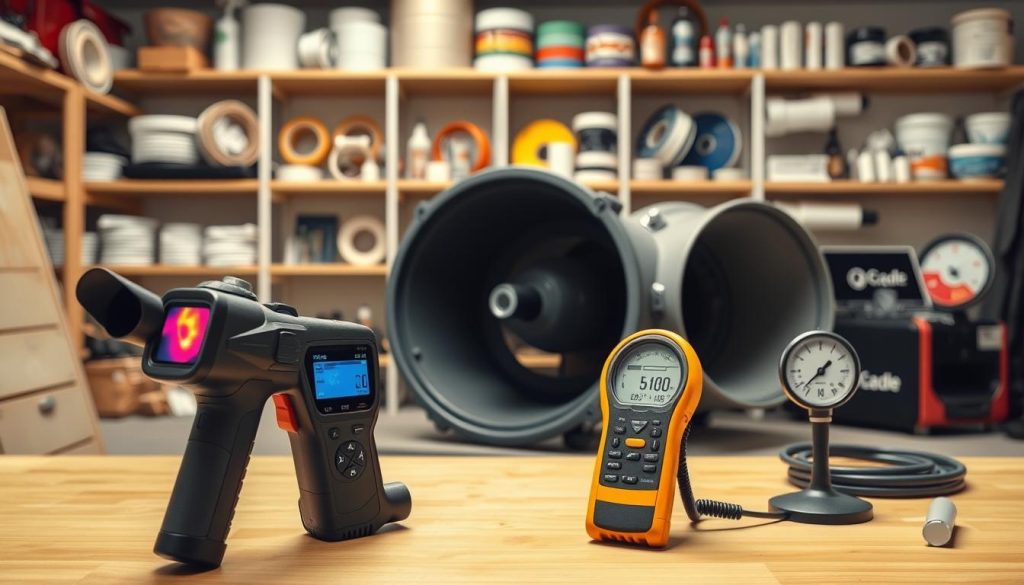 A well-lit indoor scene showcasing a collection of air leak detection tools. In the foreground, a thermal imaging camera and a handheld anemometer with digital display sit on a workbench. In the middle ground, a Blower Door unit with attached hoses and manometer are prominently displayed. In the background, shelves hold a variety of air sealing tapes, caulks, and other accessories. The overall mood is one of professional inspection and building performance optimization, with a neutral color palette and clean, modern styling.